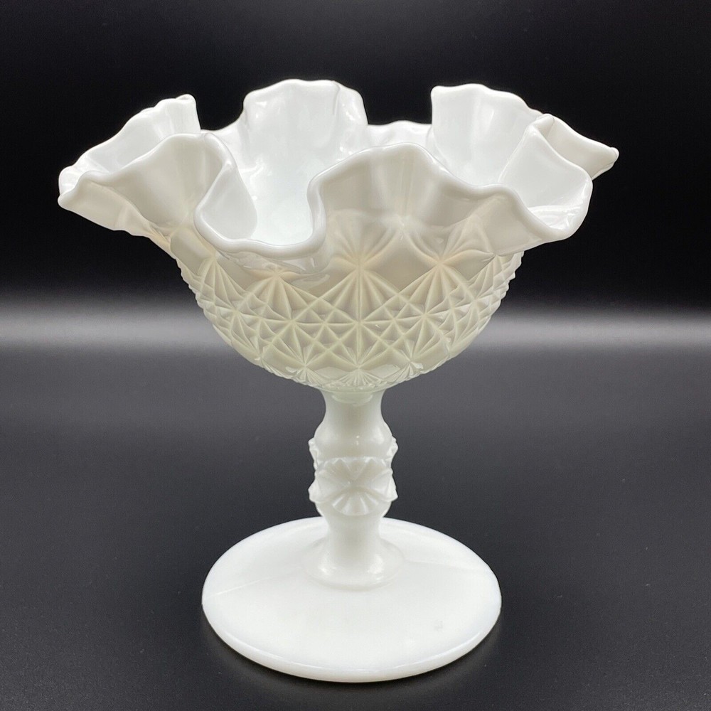 Fenton OVG Milk Glass Ruffled Edge Diamond Quilted 6" Compote Candy Dish